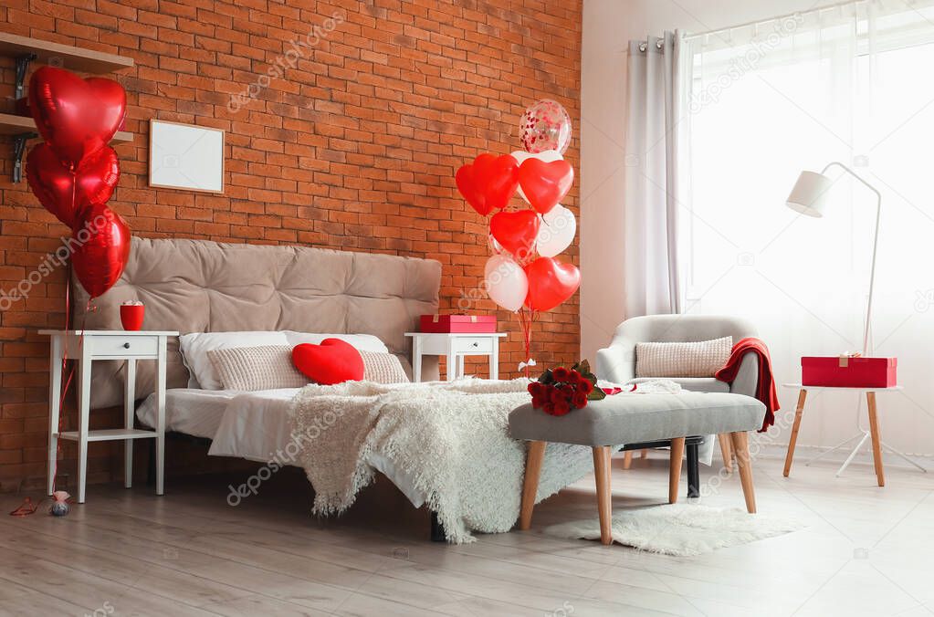 Interior of modern bedroom decorated for Valentine's Day