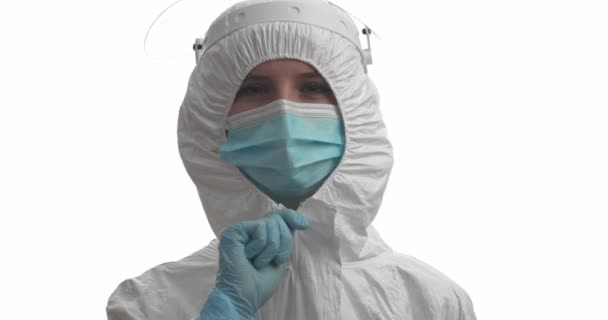 Doctor Putting Protective Suit White Background — Vídeo de Stock