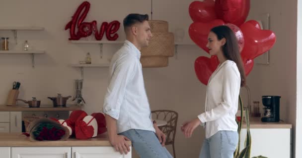 Happy Young Couple Hugging Home Valentines Day — Stockvideo