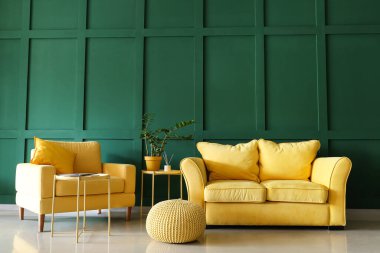 Sarı kanepesi ve koltuğu olan şık bir oturma odası.