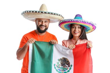 Sombrero 'daki mutlu çift ve beyaz arka planda Meksika bayrağı.