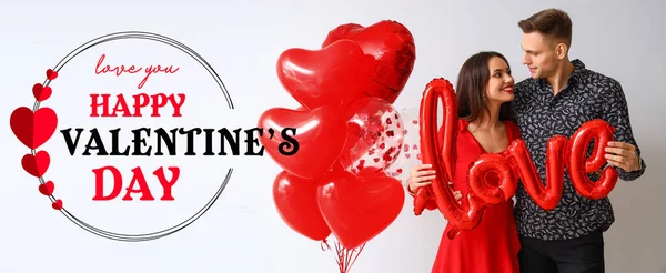 Piękna Kartka Życzeniami Szczęśliwych Walentynek Zakochaną Młodą Parą — Zdjęcie stockowe
