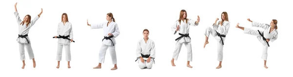 Set Young Women Practicing Karate White Background — Stock Photo, Image