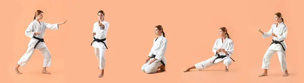 Set Young Women Practicing Karate Color Background — Stock Photo, Image
