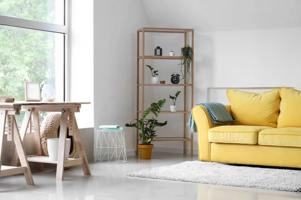 Wooden Shelving Unit Plants Interior Light Living Room — Stock Photo, Image