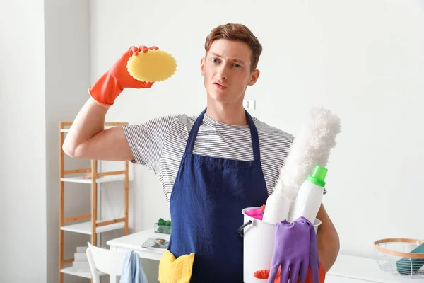 Handsome Man Cleaning Supplies Home — Stock Photo, Image