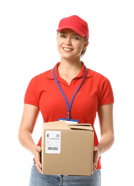 Female Courier Parcel White Background — стоковое фото