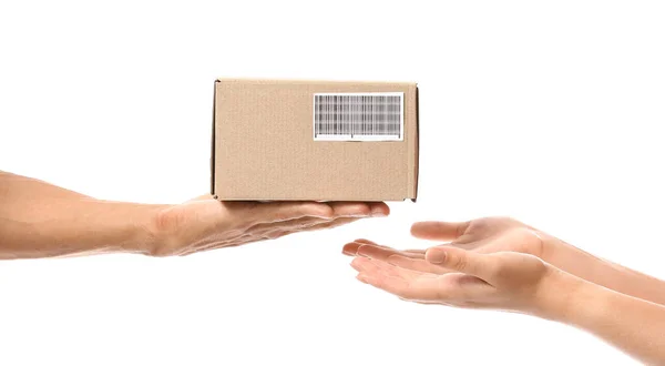 Courier Giving Parcel Customer White Background View Hands — Stock Photo, Image