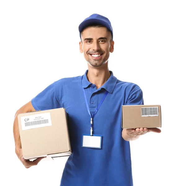 Male Courier Parcels White Background — Stock Photo, Image