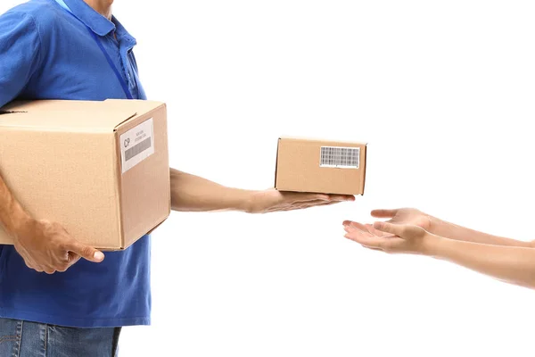 Courier Giving Parcel Customer White Background — 스톡 사진