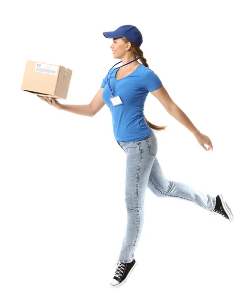 Jumping Female Courier Parcel White Background — Stock Photo, Image