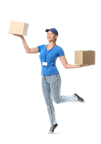 Jumping Female Courier Parcels White Background — стоковое фото