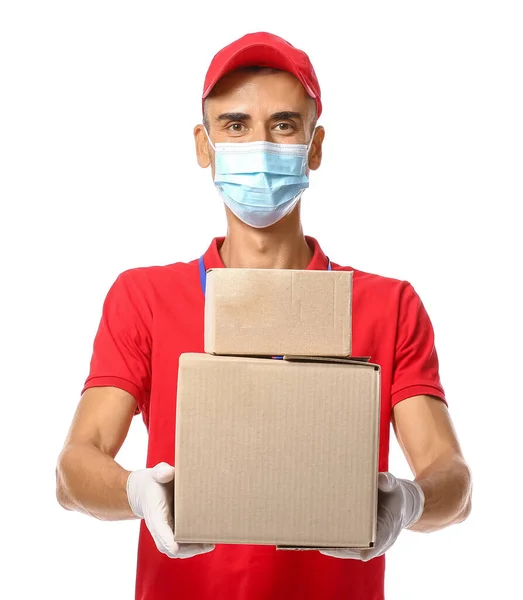 Male Courier Medical Mask Parcels White Background — Stock Photo, Image