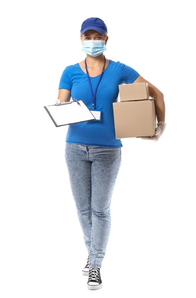Female Courier Medical Mask Parcels White Background — Stock Photo, Image