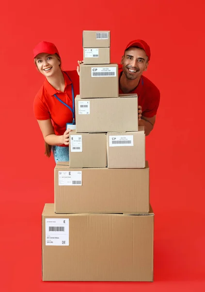 Couriers Many Parcels Color Background — Zdjęcie stockowe