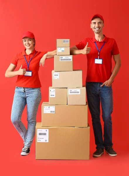 Couriers Many Parcels Color Background — Zdjęcie stockowe