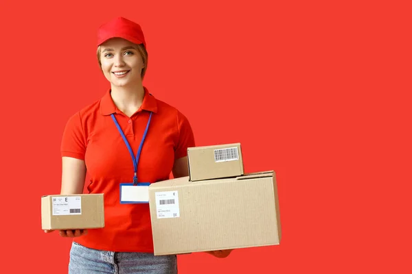 Female Courier Parcels Color Background — Stock Photo, Image