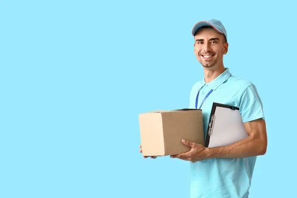 Male Courier Parcel Clipboard Color Background — Stock Photo, Image