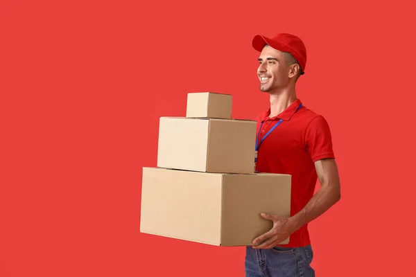 Male Courier Parcels Color Background — Stockfoto