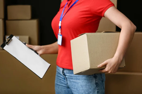 Female Courier Delivery Company Automobile Parcels — Stock Photo, Image