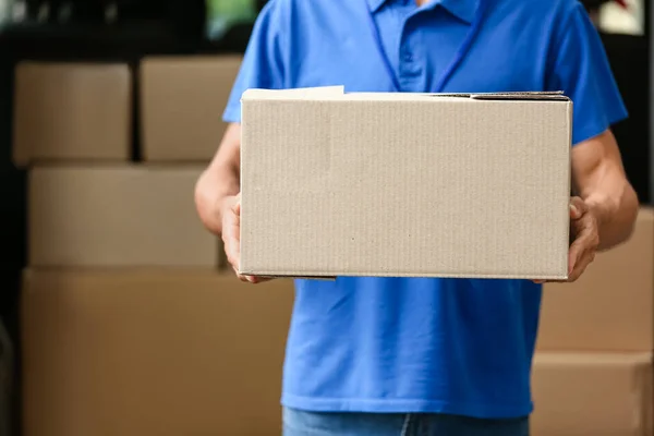 Male Courier Delivery Company Automobile Parcels — Stock Photo, Image
