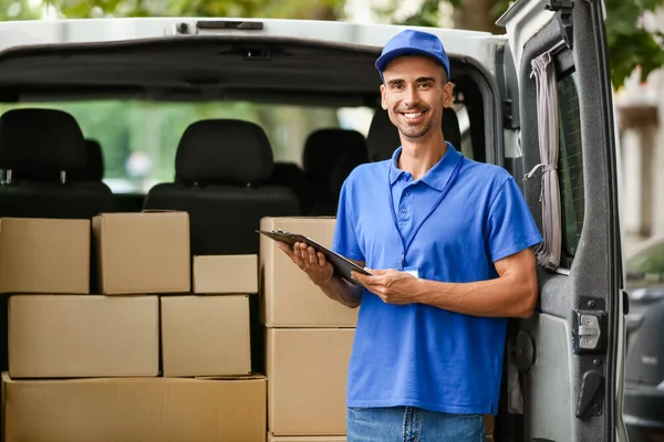 Male Courier Delivery Company Automobile Parcels — Stock Photo, Image