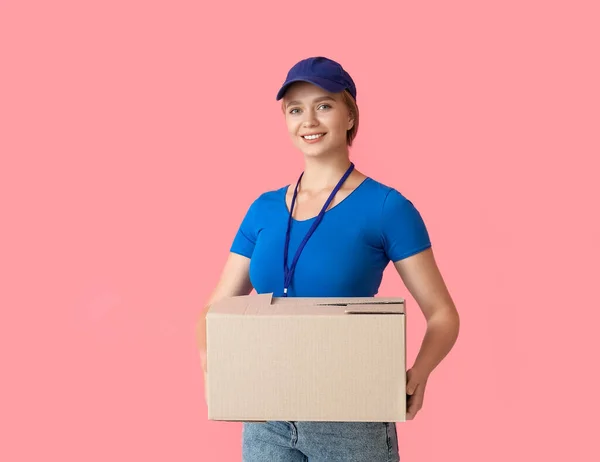 Female Courier Parcel Color Background — Stock Photo, Image