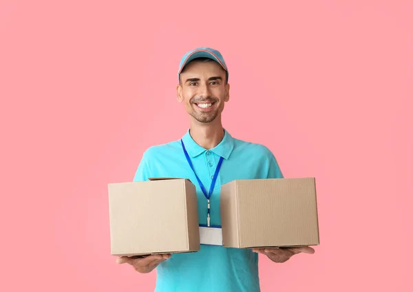 Male Courier Parcels Color Background — 图库照片