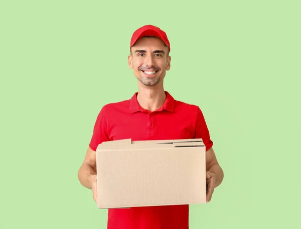 Male Courier Parcel Color Background — Stock Photo, Image