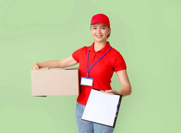 Female Courier Parcel Clipboard Color Background — Stock Photo, Image