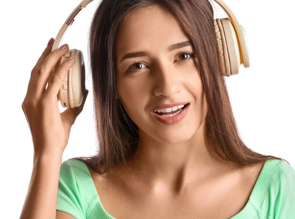 Cool Jonge Vrouw Luisteren Naar Muziek Witte Achtergrond — Stockfoto