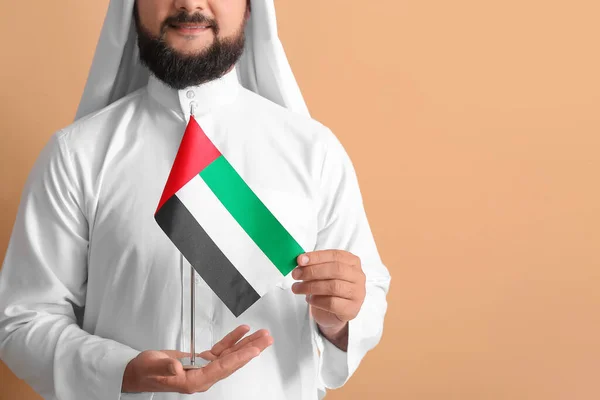 Man Traditional Clothes National Flag Uae Color Background — Stock Photo, Image