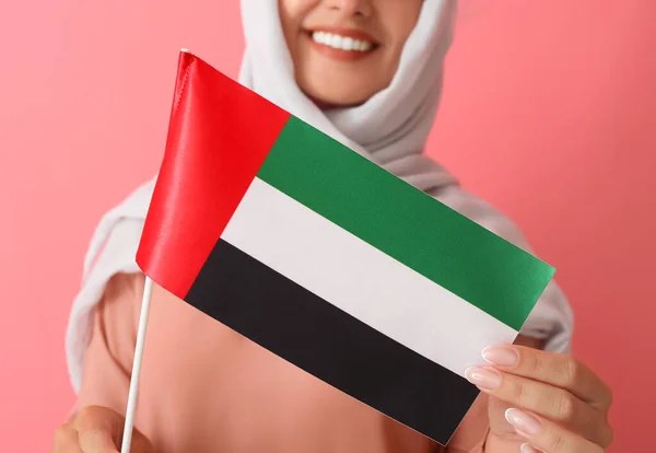 Young Woman Traditional Clothes National Flag Uae Color Background — Zdjęcie stockowe