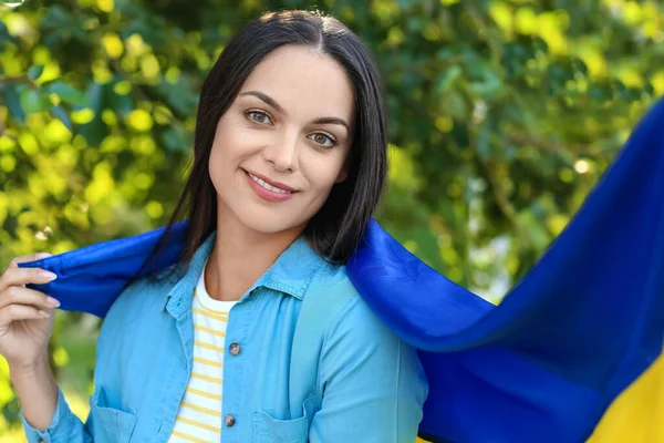 Beautiful Young Woman Flag Ukraine Outdoors — Zdjęcie stockowe