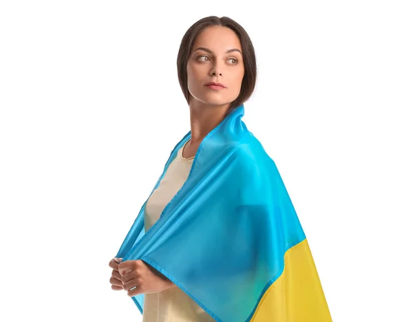 Mulher Bonita Com Bandeira Ucrânia Fundo Branco — Fotografia de Stock