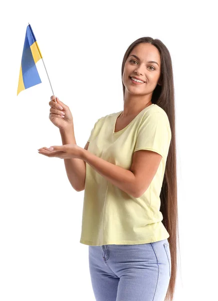 Mulher Bonita Com Bandeira Ucrânia Fundo Branco — Fotografia de Stock