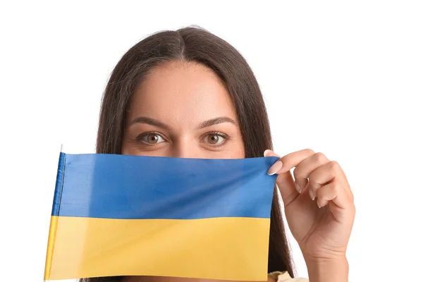 Mooie Jonge Vrouw Met Vlag Van Oekraïne Witte Achtergrond — Stockfoto