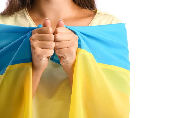 Mulher Bonita Com Bandeira Ucrânia Fundo Branco Close — Fotografia de Stock