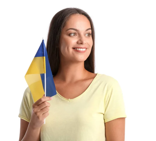 Beautiful Young Woman Flag Ukraine White Background — Zdjęcie stockowe