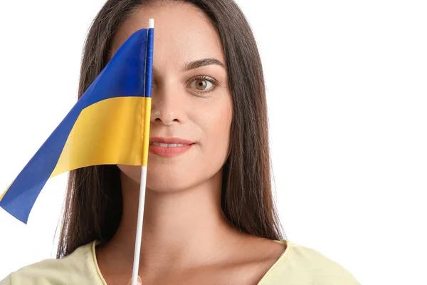 Mooie Jonge Vrouw Met Vlag Van Oekraïne Witte Achtergrond — Stockfoto