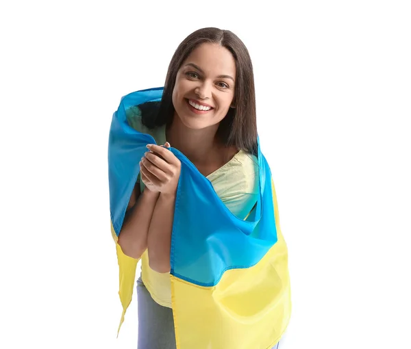 Mulher Bonita Com Bandeira Ucrânia Fundo Branco — Fotografia de Stock