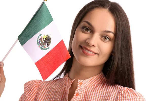 Mulher Bonita Com Bandeira México Fundo Branco — Fotografia de Stock