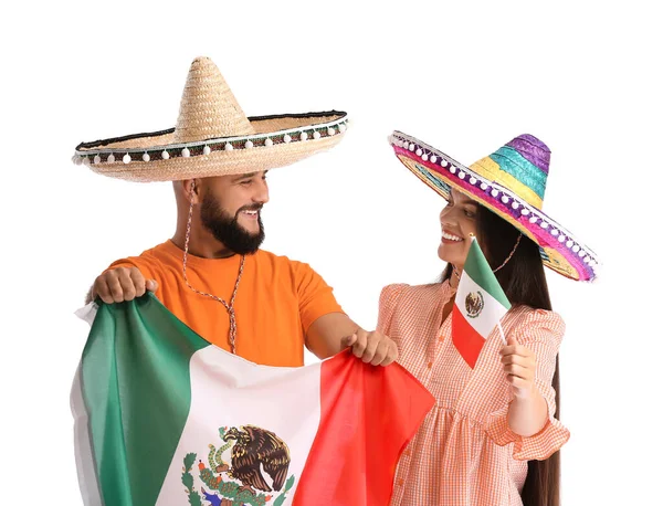 Happy Couple Sombrero Flags Mexico White Background — Fotografia de Stock