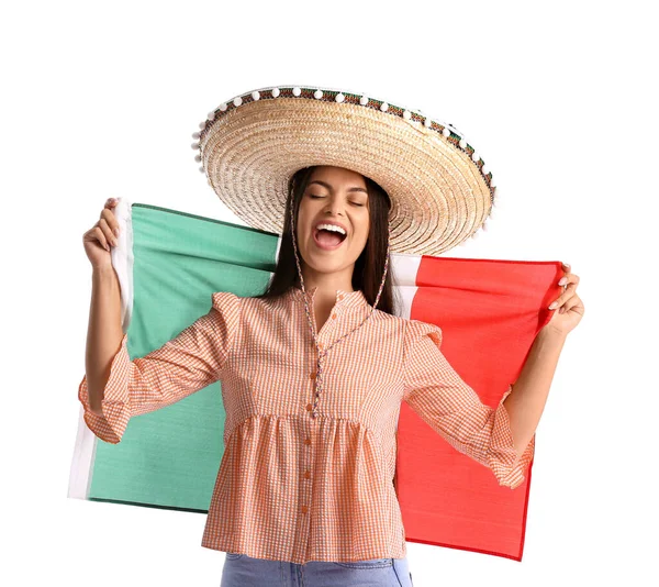 Happy Young Woman Sombrero Flag Mexico White Background — Foto Stock