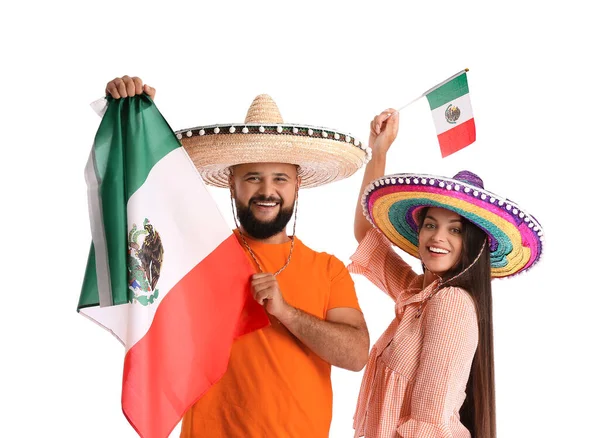 Couple Heureux Sombrero Avec Des Drapeaux Mexique Sur Fond Blanc — Photo