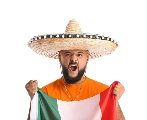 Emocjonalny Mężczyzna Sombrero Flagą Meksyku Białym Tle — Zdjęcie stockowe