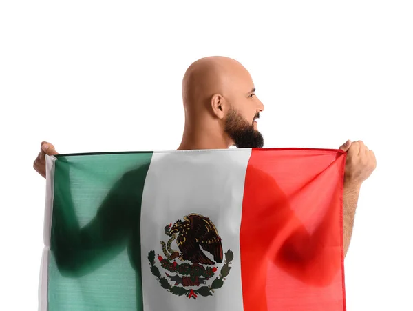 Bonito Homem Com Bandeira México Fundo Branco — Fotografia de Stock