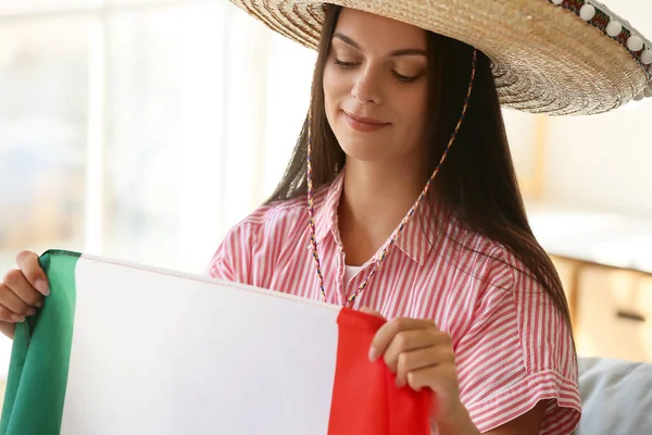 Beautiful Young Woman Sombrero Flag Mexico Home — 图库照片