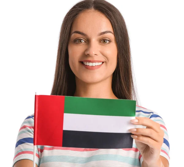 Mujer Joven Con Bandera Nacional Los Emiratos Árabes Unidos Sobre — Foto de Stock