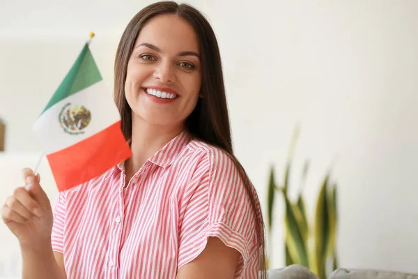 Beautiful Young Woman Flag Mexico Home — Zdjęcie stockowe